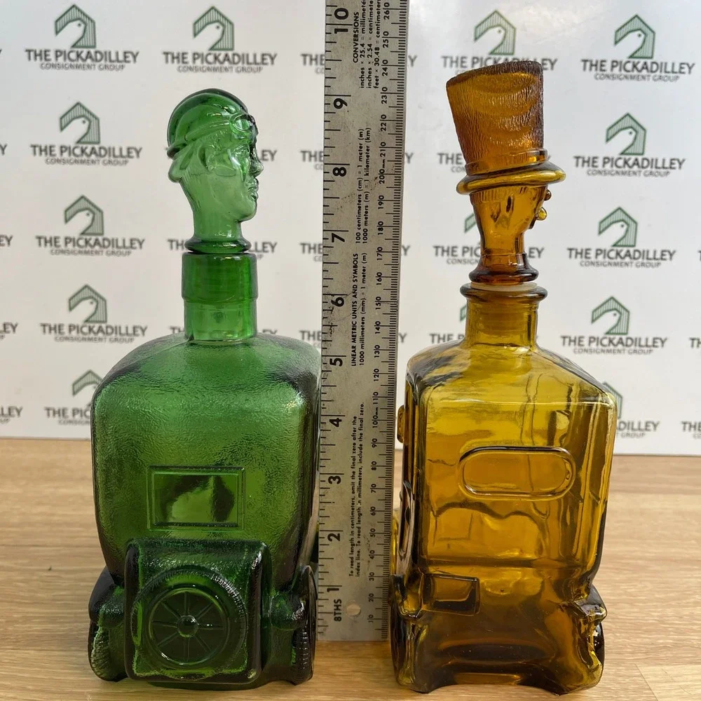 Vintage Glass Decanter Set Green Amber Carriage Car Driver Top Hat Taiwan 2pc